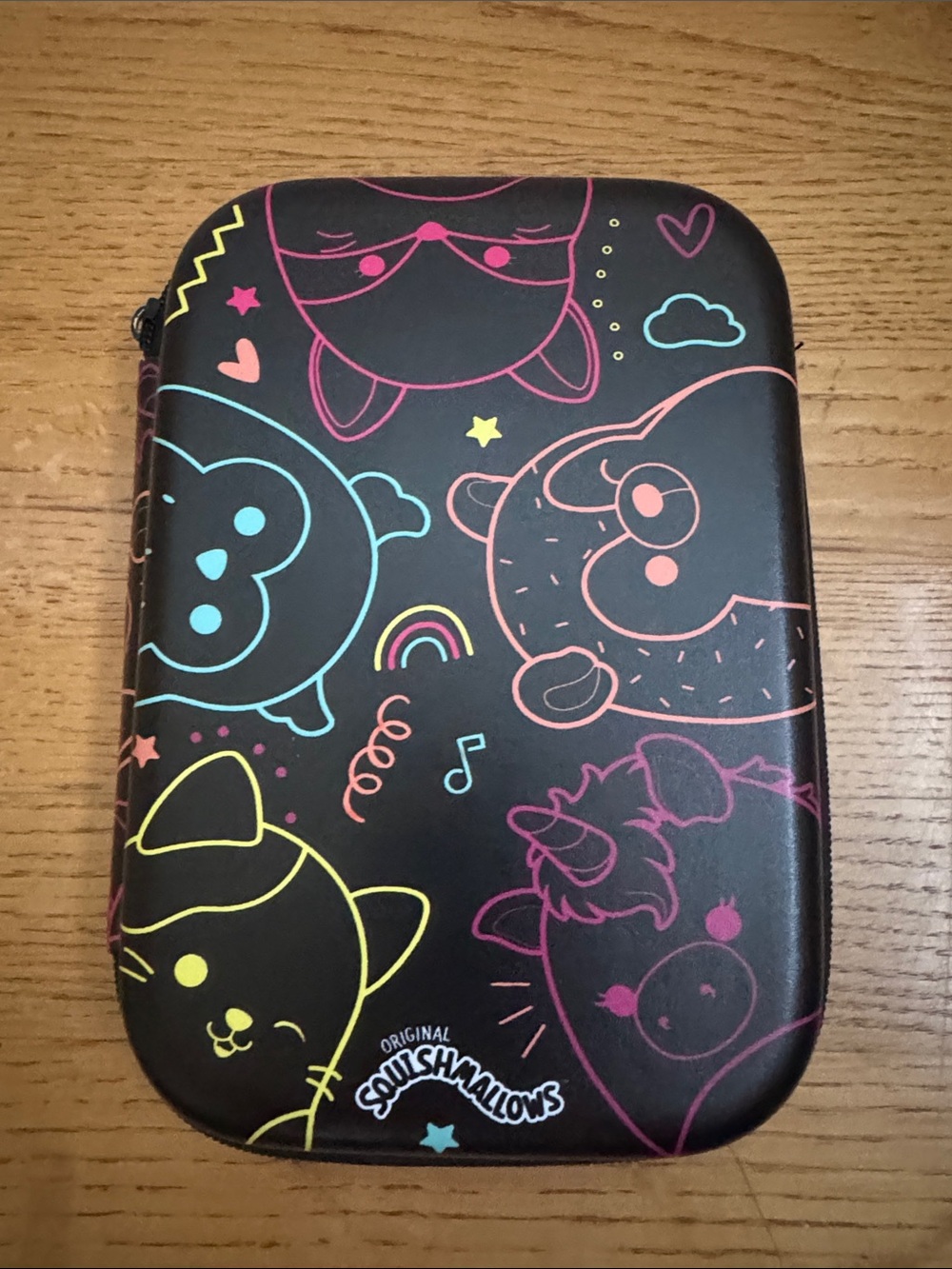Squishmallows Black Hard Shell Pouch with Neon Pink, Yellow, Blue Accents